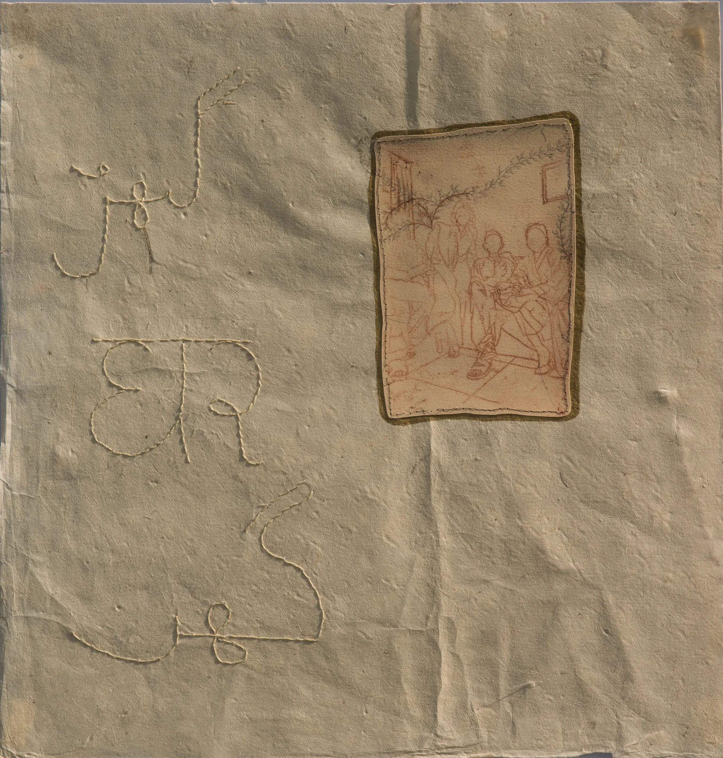 <b>گھر – घर – ghar – home</b><br>
Material - Cotton thread, hair, powder pigment, watercolour, gouache, graphite on rice paper | Dimension - 12x12 inches/ 30.48x30.48 cm without frame
