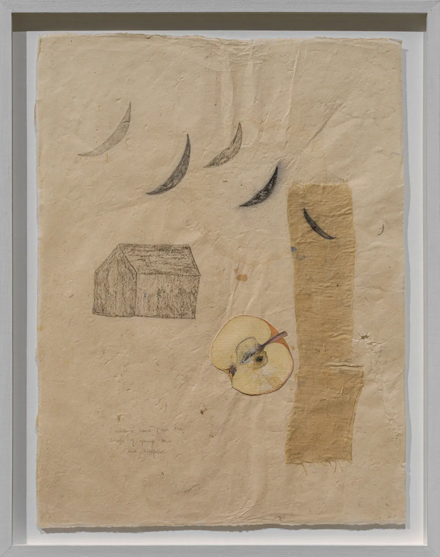 Hybrid Set Up I, 2022<br>
Material: Charcoal, pencil, watercolour, and silk on rice paper
Dimension: 15 x 11 inches/ 38 x 28 cm
